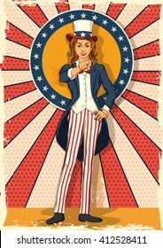 Concept of retro woman posing like Uncle Sam symbolising I WANT YOU. Vector illustration