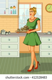 Concept of retro woman serving tea in kitchen . Vector illustration