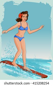 Concept of retro woman surfing on sea. Vector illustration