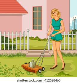 Concept of retro woman trimming lawn with Lawnmower in garden. Vector illustration