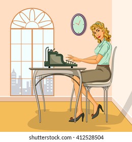 Concept of retro woman typing on typewriter. Vector illustration