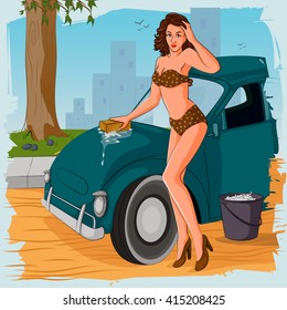 Concept of retro woman washing car. Vector illustration