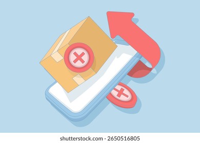 Conceito de devolução, falha na entrega, cancelamento de pedido, pacote rejeitado ou problema do produto. Ilustração de uma caixa com uma seta rotativa e uma cruz no meio. Ilustração plana em um plano de fundo