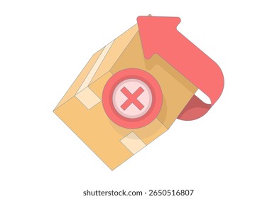 Conceito de devolução, falha na entrega, cancelamento de pedido, pacote rejeitado ou problema do produto. Ilustração de uma caixa com uma seta rotativa e uma cruz no meio. Ilustração plana em um plano de fundo