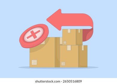 Conceito de devolução, falha na entrega, cancelamento de pedido, pacote rejeitado ou problema do produto. Ilustração de uma caixa com uma seta rotativa e uma cruz no meio. Ilustração plana em um plano de fundo