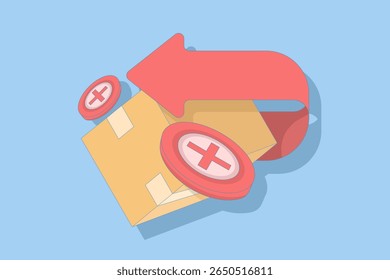Concept of return, failed delivery, order cancellation, rejected package, or product issue. Illustration of a box with a rotating arrow and a cross in the middle. Flat illustration on a background