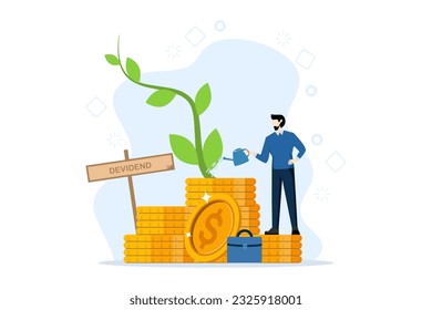 Concept of return on investment, financial solutions, passive income, equity shares. Man invests in stocks, receives dividends. Vector illustration in flat design on white background.