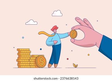 Concept of returning cashback, income from an investment account or receiving a salary. Big hand gives a coin to a small person. Concept of dependence on a senior. Flat vector illustration.