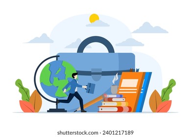 concept of returning to work, bags and books, office, business people, education, rest time is over, business people return to work after finishing their break. flat vector illustration on background. svg