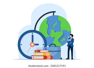 concept of returning to work, bags and books, office, business people, education, rest time is over, business people return to work after finishing their break. flat vector illustration on background. svg