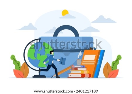 concept of returning to work, bags and books, office, business people, education, rest time is over, business people return to work after finishing their break. flat vector illustration on background.