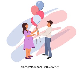 The concept of revealing gender. A man and a woman are holding pink and blue balloons. Future father and mother, expecting a child, guess the gender. Vector illustration