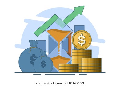 Conceito de crescimento de receita, estratégia financeira, alto retorno sobre o investimento, saldo orçamentário, captação de recursos, melhoria de longo prazo, crescimento de receita. Ilustração de vetor plano no plano de fundo.