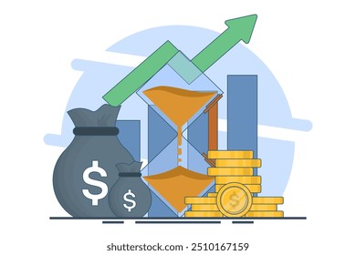 Conceito de crescimento de receita, estratégia financeira, alto retorno sobre o investimento, saldo orçamentário, captação de recursos, melhoria de longo prazo, crescimento de receita. Ilustração de vetor plano no plano de fundo.