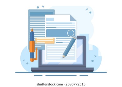 Concept Review of educational textbooks on creative writing and storytelling. Concept of storytelling, creative writing, pencil and paper, copywriting, flat vector illustration on background.