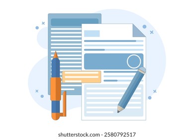 Concept Review of educational textbooks on creative writing and storytelling. Concept of storytelling, creative writing, pencil and paper, copywriting, flat vector illustration on background.