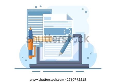 Concept Review of educational textbooks on creative writing and storytelling. Concept of storytelling, creative writing, pencil and paper, copywriting, flat vector illustration on background.