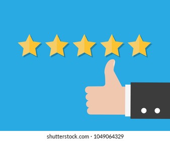 Concept of review, thumb up. Five star rate.  Good review. Vector illustration