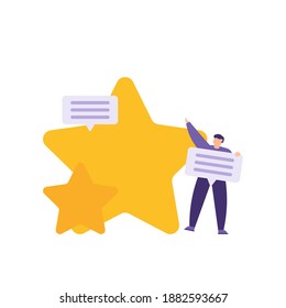 a concept of reviews, customer ratings, user feedback. illustration of a man giving stars and comments. the best comment. flat style. vector design elements