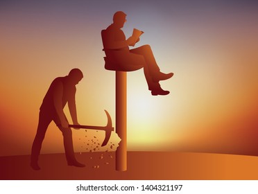 Concept of revolt with a leader seated on his throne who savor his power, while a man seeks to make him fall from his pedestal by destroying his base to remove him.