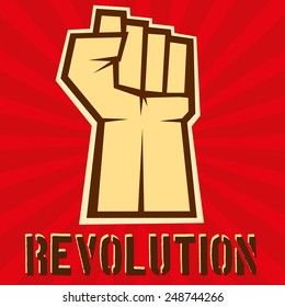 Concept of revolution. Hand up on red background, vector illustration