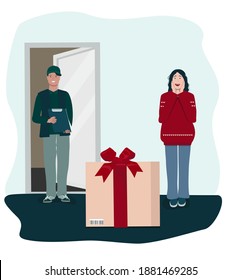 El concepto de recompensa, regalo, sorpresa, ganar. Una mujer sorprendida recibe una caja de regalo.  Servicio de compras en casa.  Ilustración vectorial para el programa de fidelización, promoción, marketing.