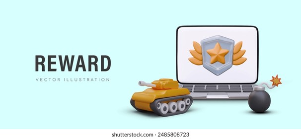 Concept of rewards in online game. 3D laptop with trophy on screen, tank, cannonball