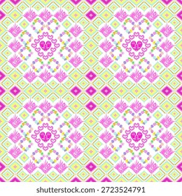 Concept: Rhythmic Celebration of Affection The concept of this artwork is a joyful exploration of love and harmony through repeating geometric structures. The design features large, kaleidoscopic clusters of pink hearts arranged in intricate wreaths, surrounded by smaller, multi-colored floral accents. These central motifs are set against a dense background of yellow and blue diamond tiles, creating a rich tapestry of overlapping shapes. This composition symbolizes the interconnectedness of emotions and the vibrant energy of a heart-centered world, where organic symbols of love meet the organized beauty of classical tile art.
Theme: Modern Pastel Maximalism and Festive Folk Decor The theme is Modern Maximalist Folk, characterized by a high-density pattern and a bright, cheerful color palette. Using a mix of sunny yellow, vibrant magenta, and sky blue, the design evokes a festive and lighthearted atmosphere. This aesthetic is perfectly suited for celebratory gift packaging, playful fashion textiles, nursery room wallpaper, creative branding for lifestyle products, and vibrant home decor accents that aim to project a sense of happiness, artisanal craft, and contemporary flair.