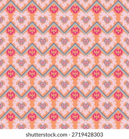 Concept: Rhythmic Romantic Geometry The concept of this design is the fusion of structured geometric movement and soft botanical symbolism. It features a large-scale repeating pattern where delicate floral heart wreaths are anchored by bold, multi-colored chevron stripes. The arrangement creates a visual rhythm that guides the eye across the peach-toned canvas, balancing the sharpness of the zigzags with the organic curves of the blossoms.
Theme: Vintage Chic and Festive Romance The theme centers on Modern Vintage Romance with a touch of Shabby Chic elegance. By using a palette of soft pink, vibrant magenta, and muted blue against a warm apricot or peach base, the artwork evokes a sense of nostalgic charm and handcrafted quality. This theme is ideal for celebratory contexts such as weddings, Valentine's Day, and luxury gift packaging where a sophisticated yet cheerful floral aesthetic is required.