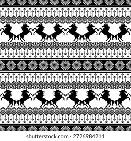 Concepto: Vitalidad rítmica y patrimonio El concepto de esta obra de arte es la celebración de la libertad y la fuerza noble, representada a través de las siluetas rítmicas de caballos galopando. El diseño está meticulosamente organizado en bandas Horizontales, combinando la forma energética del caballo con Elementos decorativos atemporales. La composición presenta filas de figuras equinas reflejadas, intercaladas con intrincados mandalas florales, estructuras geométricas en forma de flecha y delicados encajes de filigrana. Esta narrativa visual representa la conexión entre el espíritu salvaje de la naturaleza y la elegancia estructurada de la artesanía tradicional.
Tema: Folk étnico moderno y decoración ecuestre monocromática El tema es Folk ecuestre clásico, que combina una estética monocromática limpia con ricos motivos culturales. La paleta en blanco y negro de alto contraste le da a los Elementos tradicionales "occidentales" o "tribales" un atractivo gráfico moderno. Este patrón es excepcionalmente adecuado para textiles de alta gama, tapicería para el hogar, Fondo de pantalla sofisticado, proyectos de marca cultural y empaques de regalo premium que tienen como objetivo proyectar una sensación de herencia, movimiento dinámico y artesanía artística refinada.