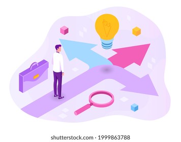 Concept of the right choice. A person stands at a crossroads and thinks, makes a choice, waits for new ideas. Three arrows, a light bulb, a person. Flat isometric cartoon vector illustration