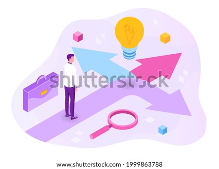 Concept of the right choice. A person stands at a crossroads and thinks, makes a choice, waits for new ideas. Three arrows, a light bulb, a person. Flat isometric cartoon vector illustration