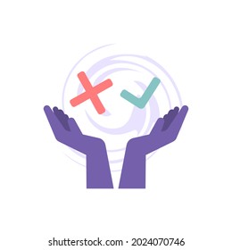 concept of right or wrong, choice, answer. illustration of two hands, tick and cross symbol. yes or no, true or false. flat cartoon style. vector design