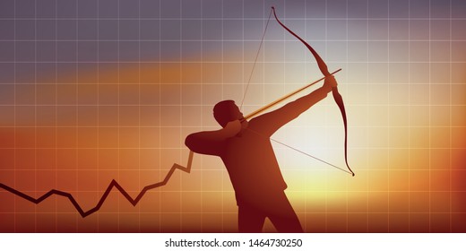 Concept of rising economic growth or increase in turnover, with as symbol, an archer who aims the summit to achieve his goal.