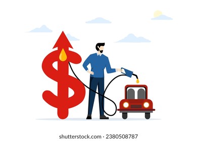 Concept of rising fuel prices, fuel economy crisis and expensive gas prices. A young man is refueling his private car. fuel prices soared. inflation. flat vector illustration on white background.