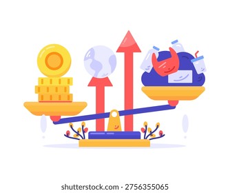 The concept of rising and increasingly expensive global plastic prices. The rising price of plastic materials worldwide. The value of raw materials. Economic problems. Illustration of plastic items being weighed with coins. Metaphor, flat style illustration. White background.