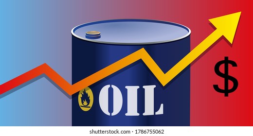Concept of rising oil prices with an arrow rising in front of a barrel to symbolize market fluctuations.