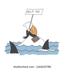 Concept of risk in business. Helpless businessman on a small island which surrounded by sharks