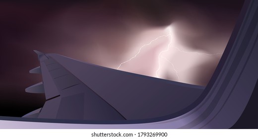 Concept of the risk of inclement weather during air travel with an airplane wing seen through a window, against a backdrop of a thunderstorm with lightning.
