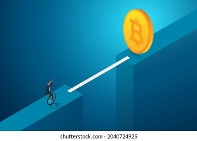 Concept of risk investment opportunities cryptocurrency.
Businessman balancing using binoculars riding a unicycle on a large wall going through a small bridge to bitcoin coin. isometric vector illustr svg