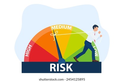 El concepto de riesgo en el velocímetro es alto, Mediano, bajo. Un hombre de negocios maneja el riesgo en los negocios o en la vida. Vector de fondo aislado. Ilustración vectorial en estilo plano.