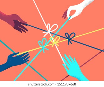 Concept of risolving problems easily. Human hands pulling on strings to untie simple knots. Vector illustration 