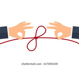 Concept of risolving problems easily. Human hands pulling on strings to untie simple knots. Vector illustration eps 10