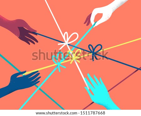 Concept of risolving problems easily. Human hands pulling on strings to untie simple knots. Vector illustration  商業照片 © 