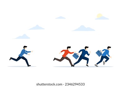 the concept of rivalry or competition in business, a group of people compete with other business people, overcome obstacles, fall behind catch them, flat vector illustration on a white background.