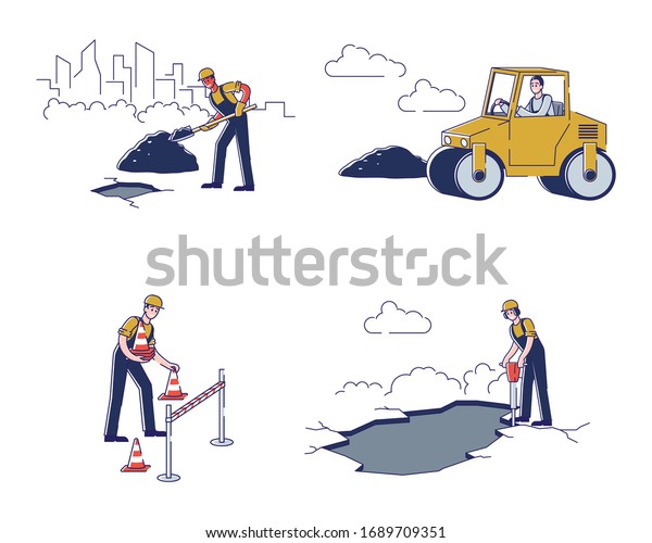 Concept Road Works Workers Change Asphalt Stock Vector (Royalty Free ...