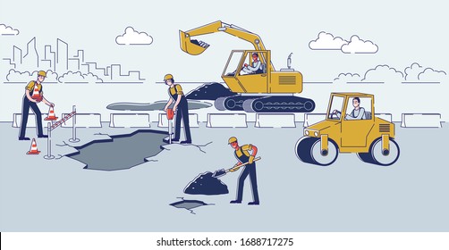 Concept Of Road Works. Workers Repair Road Surface. People Work With Tools And Heavy Machinery. Workers Use Excavator And Steamroller To Lay Asphalt. Cartoon Linear Outline Flat Vector Illustration