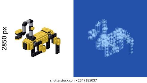 Concept with robot dog with arm in isometric style for print and design. Vector illustration.