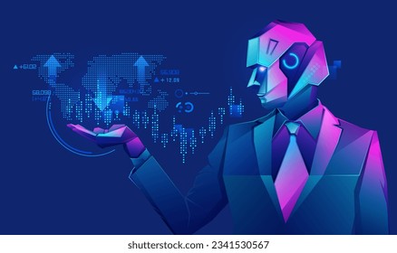 concepto de tecnología para el comercio de robots, gráfico del empresario robot que utiliza la interfaz fintech presentada en forma de personaje cyberpunk