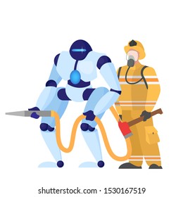 Concept of robotic fireman help human. Futuristic technology concept of professions.